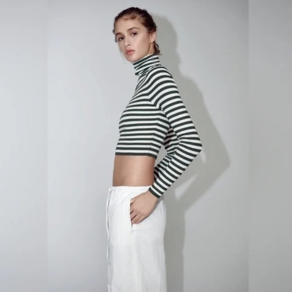 Zara Green and Cream Striped Knit Turtleneck Crop Top Size M